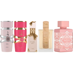 lattafa ultimate 5 pc (yara, yara candy, Éclair, angham & noble blush) fragrance bundle for women